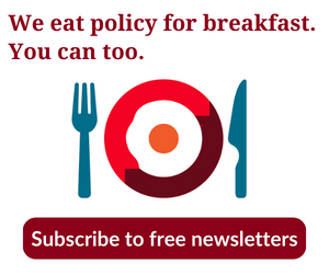 Imagery of a knife and fork with the an egg in the cetnre of the 'O' from the APO logo. Text: We eat policy for breakfast. You can too. Subscribe to free newsletters. 